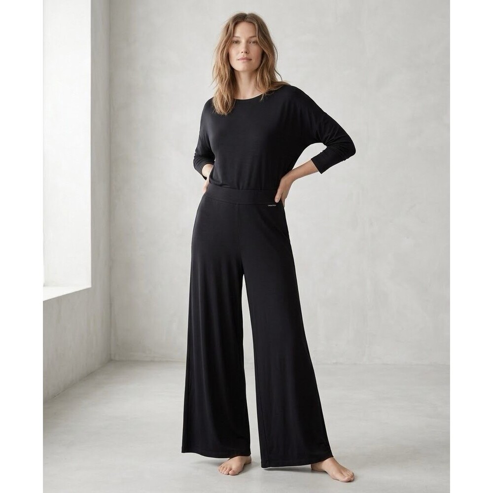Eileen Fisher Black Viscose Stretch Jersey Wide Leg Pants Womens L USA Made